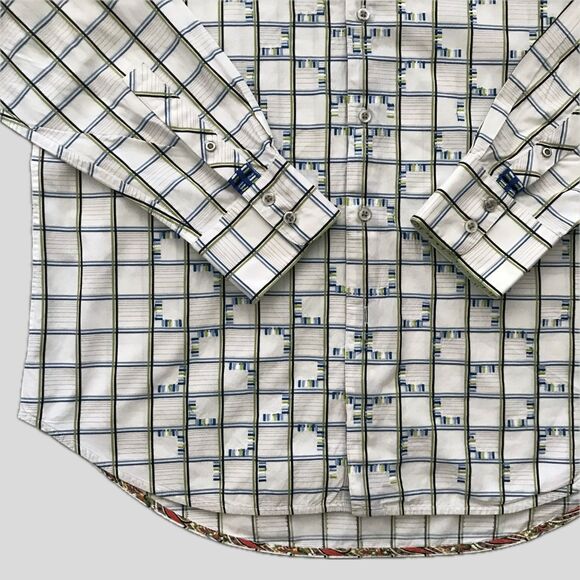 Robert Graham White Blue Check Embroidered Geometric Cotton Long Sleeve Shirt XL - Picture 3 of 9
